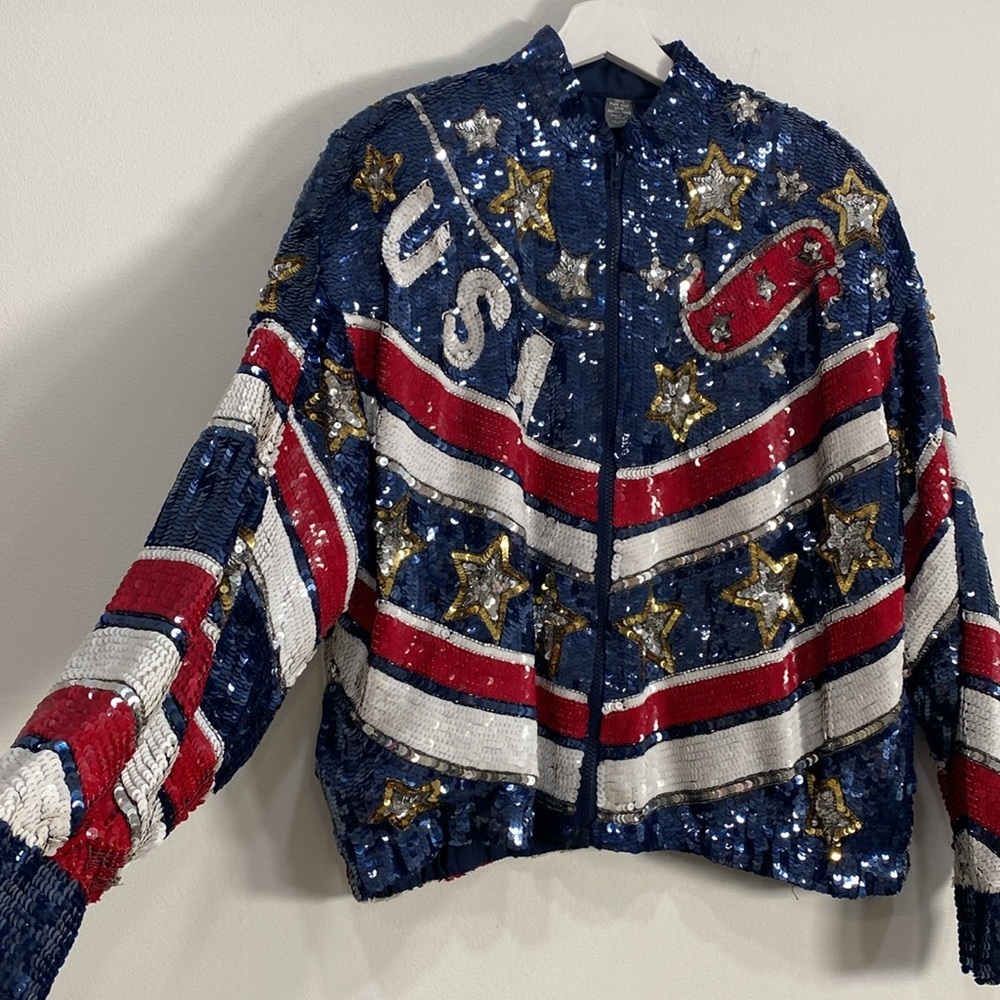 Vintage MODI Pure Silk USA Themed Jacket Pockets Large - Picture 5 of 13